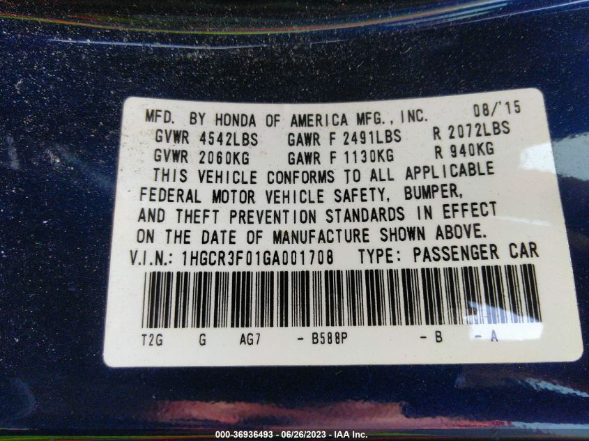 2016 HONDA ACCORD SEDAN EX-L - 1HGCR3F01GA001708