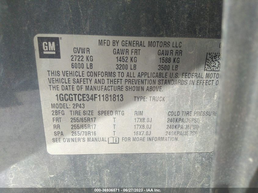 2015 CHEVROLET COLORADO 4WD Z71 - 1GCGTCE34F1181813