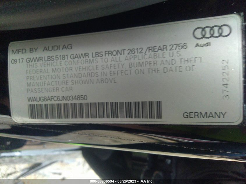 2018 AUDI A6 PREMIUM PLUS - WAUG8AFC6JN034850