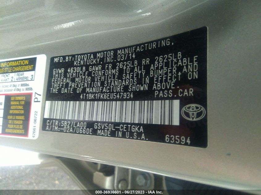 2014 TOYOTA CAMRY SE/XLE - 4T1BK1FK6EU547934