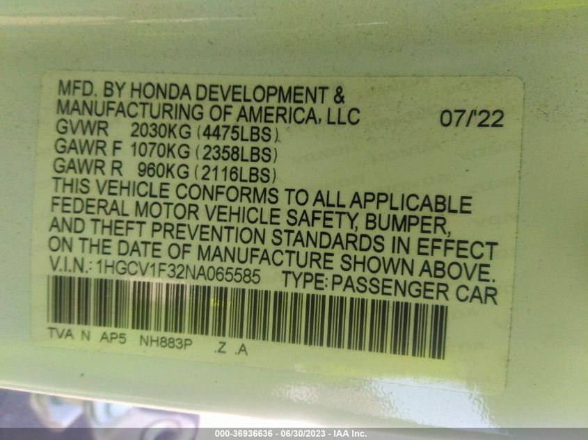 2022 HONDA ACCORD SEDAN SPORT - 1HGCV1F32NA065585