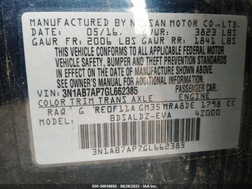 2016 NISSAN SENTRA SR/SL/S/SV/FE+ S - 3N1AB7AP7GL662385