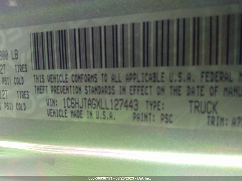 VIN 1C6HJTAGXLL127443 2020 JEEP GLADIATOR SPORT