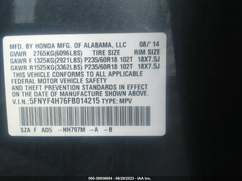 2015 HONDA PILOT EX-L - 5FNYF4H76FB014215