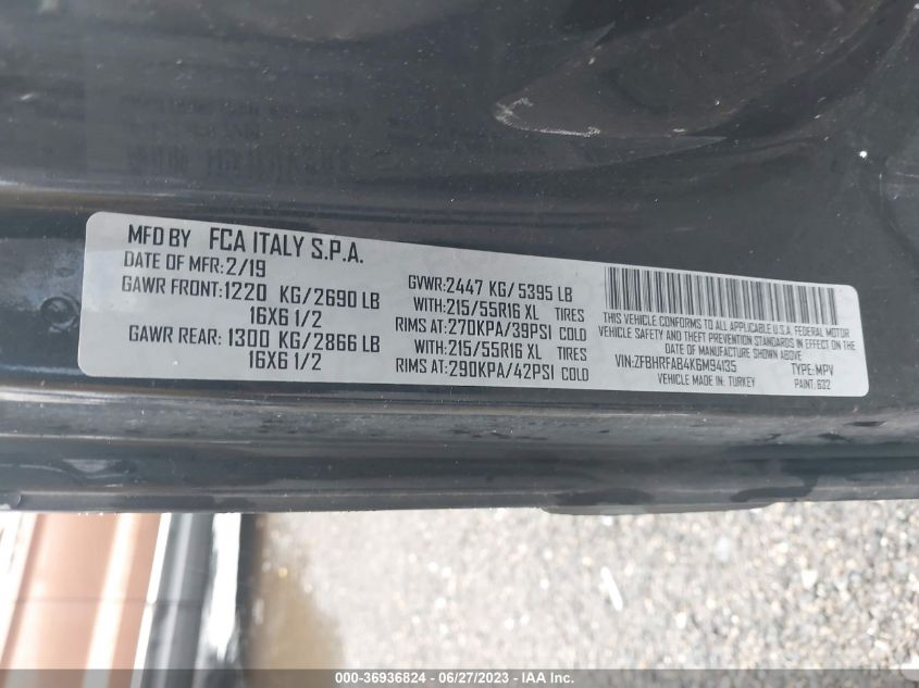 2019 RAM PROMASTER CITY TRADESMAN ZFBHRFAB4K6M94135