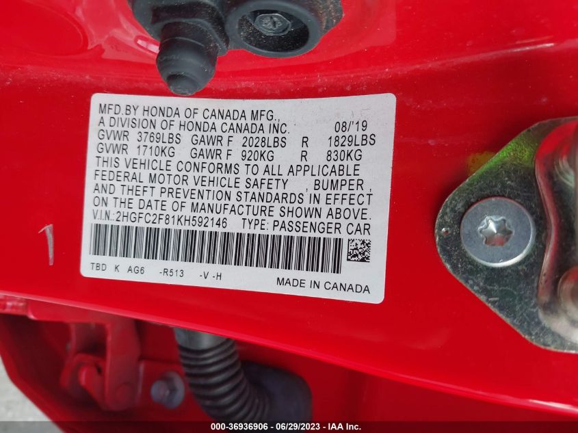 2019 HONDA CIVIC SEDAN SPORT - 2HGFC2F81KH592146