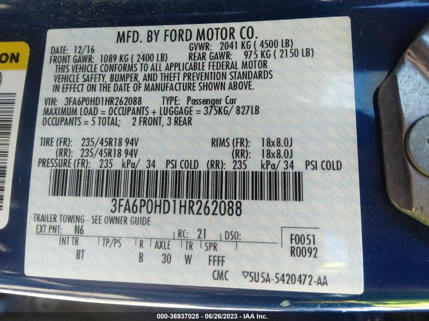 2017 FORD FUSION SE - 3FA6P0HD1HR262088