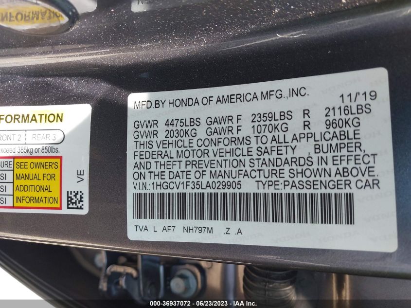 2020 HONDA ACCORD SEDAN SPORT - 1HGCV1F35LA029905