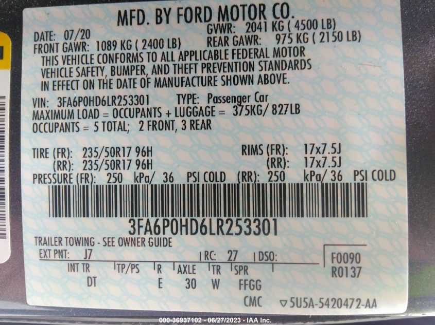 2020 FORD FUSION SE - 3FA6P0HD6LR253301