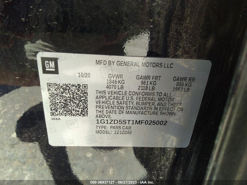 2021 CHEVROLET MALIBU LT - 1G1ZD5ST1MF025002