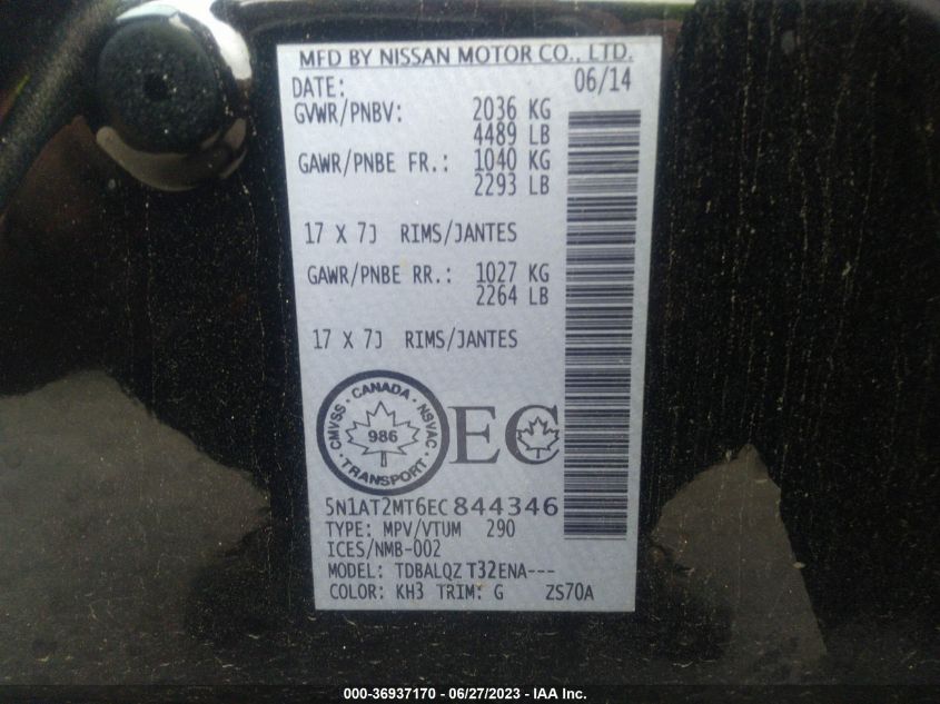 2014 NISSAN ROGUE S/SL/SV - 5N1AT2MT6EC844346