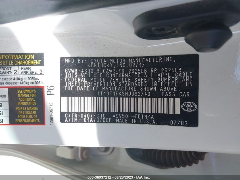 2017 TOYOTA CAMRY XLE/SE/LE/XSE - 4T1BF1FK5HU392740