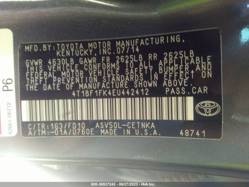 2014 TOYOTA CAMRY L/LE/XLE/SE/SE SPORT - 4T1BF1FK4EU442412
