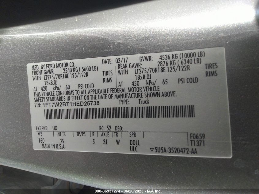 2017 FORD SUPER DUTY F-250 SRW LARIAT/PLATINUM - 1FT7W2BT1HED25738
