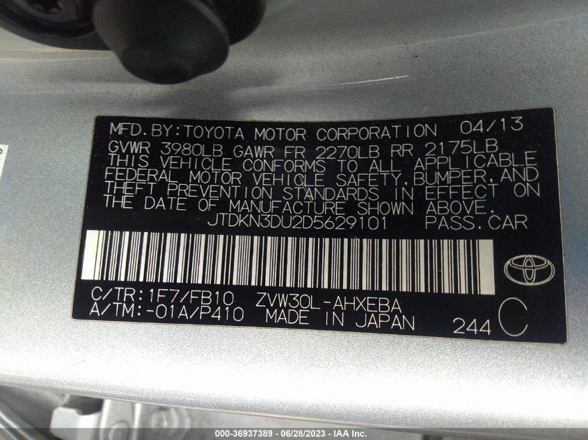 2013 TOYOTA PRIUS ONE/TWO/THREE/FOUR/FIVE - JTDKN3DU2D5629101