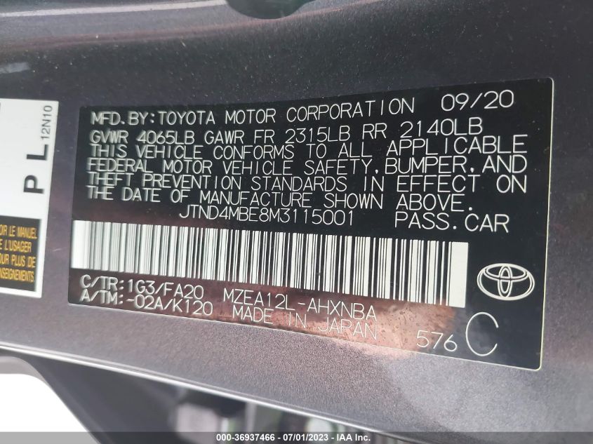 2021 TOYOTA COROLLA HATCHBACK SE/XSE/NIGHTSHADE JTND4MBE8M3115001