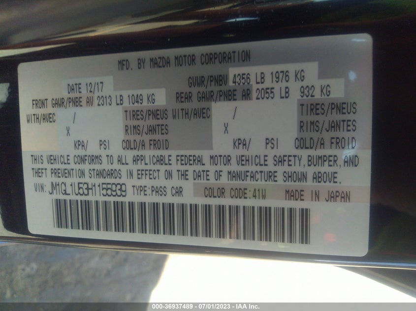 VIN JM1GL1U53H1155939 2017 MAZDA MAZDA6 SPORT