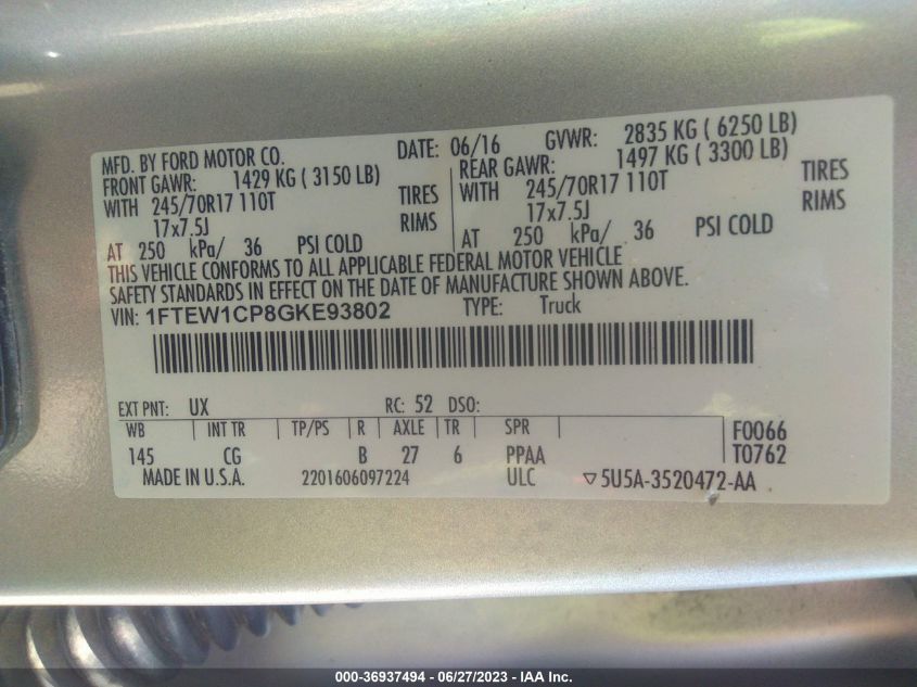 2016 FORD F-150 XL/LARIAT/XLT - 1FTEW1CP8GKE93802