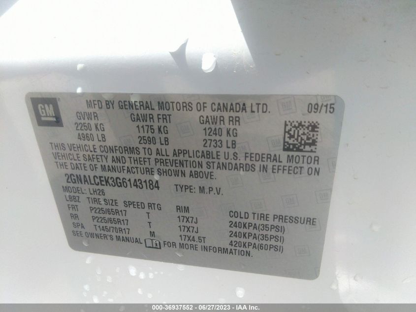 2016 CHEVROLET EQUINOX LT - 2GNALCEK3G6143184
