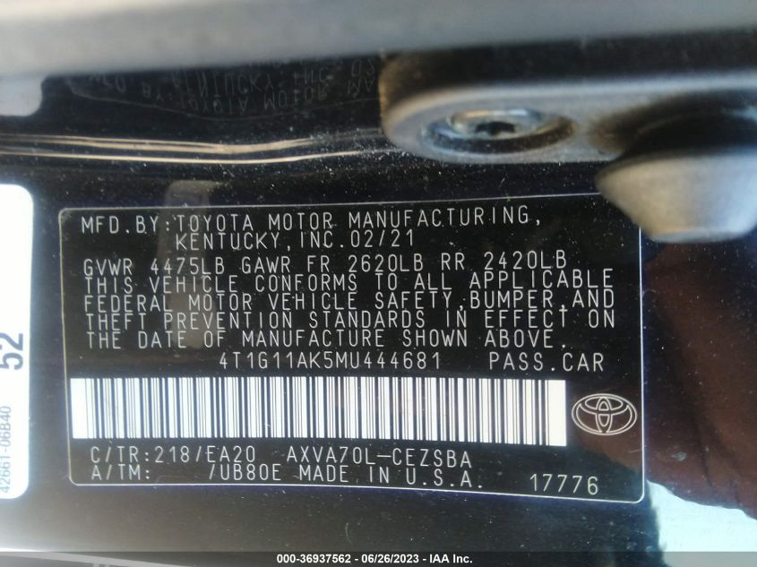 2021 TOYOTA CAMRY SE - 4T1G11AK5MU444681