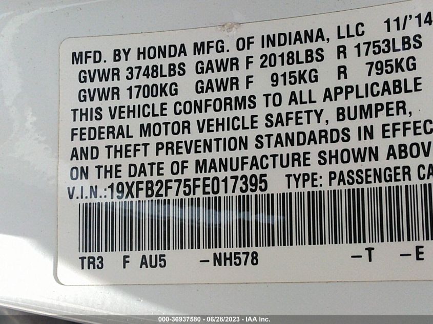 2015 HONDA CIVIC SEDAN SE - 19XFB2F75FE017395