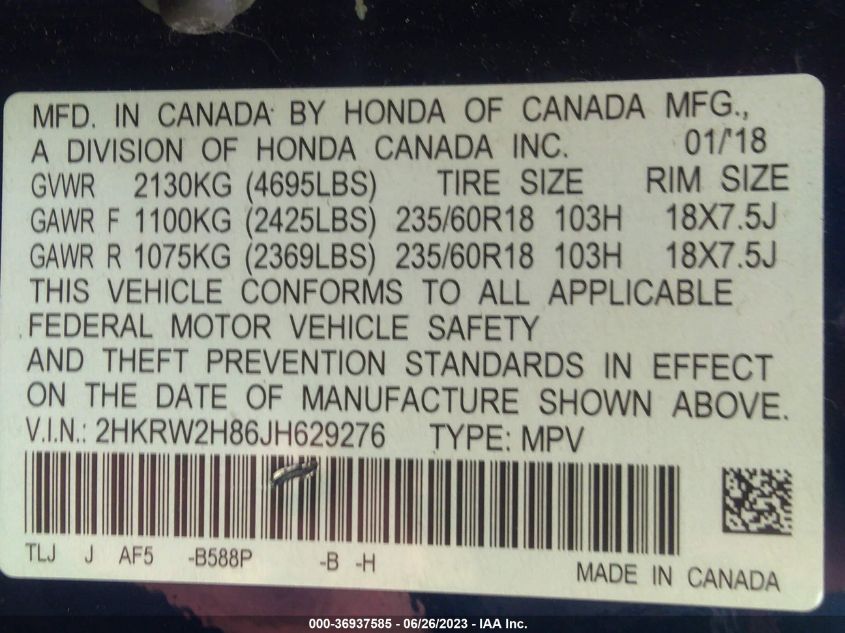 2018 HONDA CR-V EX-L - 2HKRW2H86JH629276