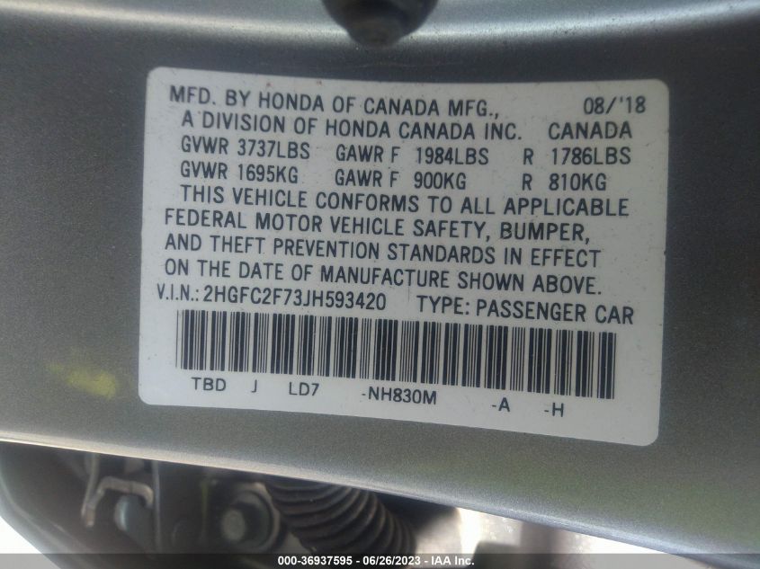 2018 HONDA CIVIC SEDAN EX - 2HGFC2F73JH593420