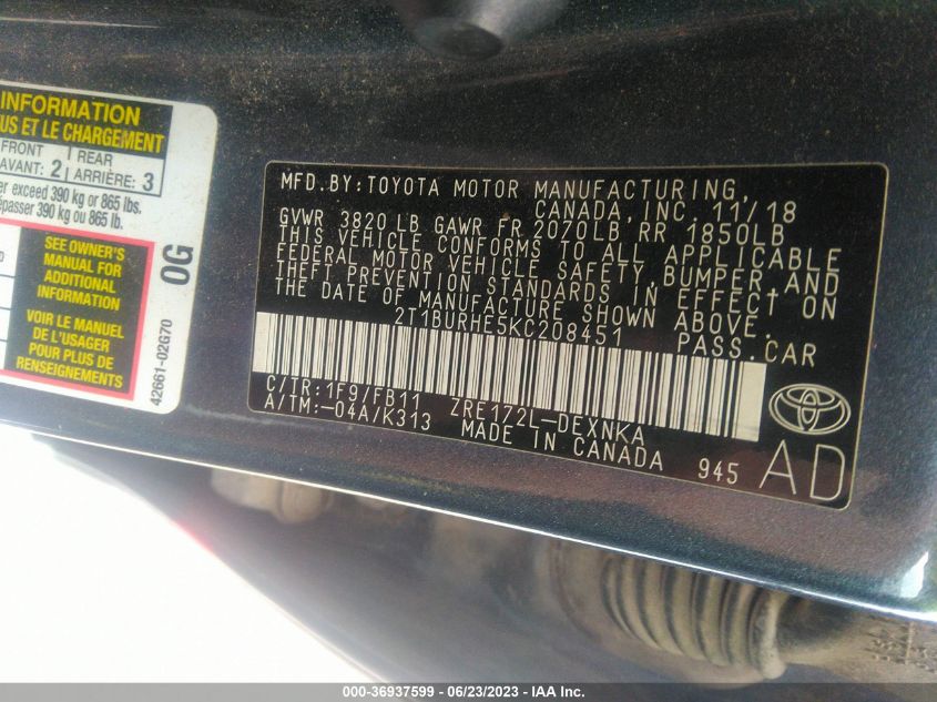 2019 TOYOTA COROLLA L/LE/SE/XLE/XSE - 2T1BURHE5KC208451
