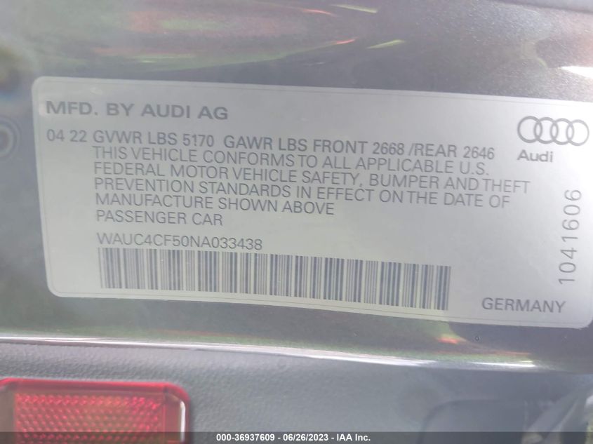 2022 AUDI S5 SPORTBACK PREMIUM PLUS WAUC4CF50NA033438