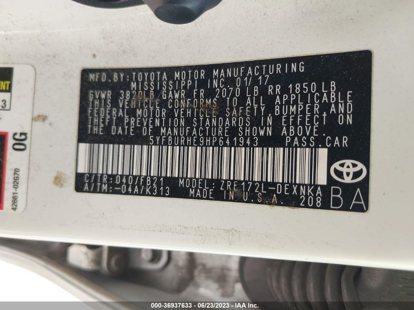 2017 TOYOTA COROLLA L/LE/XLE/SE - 5YFBURHE9HP641943
