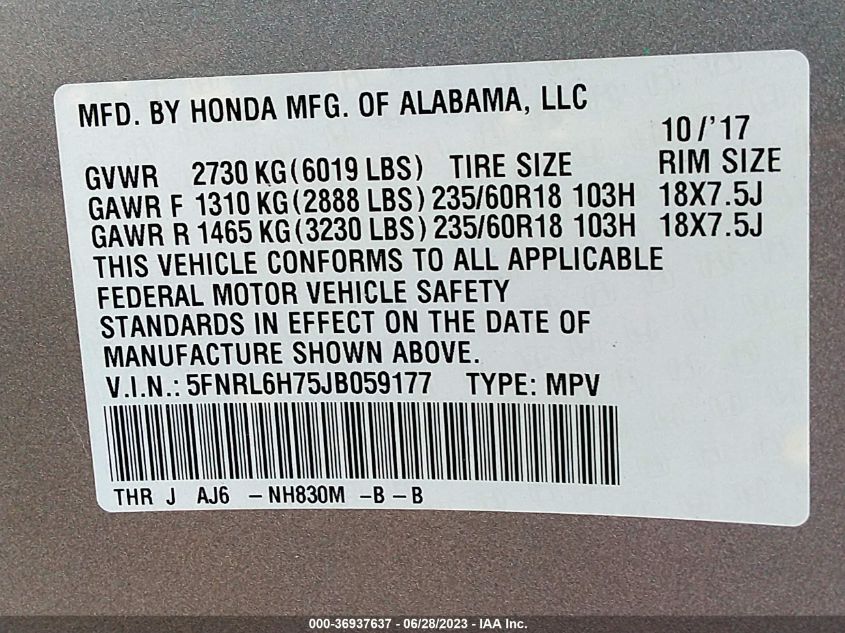 2018 HONDA ODYSSEY EX-L - 5FNRL6H75JB059177