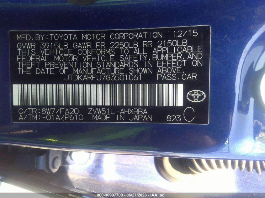 2016 TOYOTA PRIUS FOUR - JTDKARFU7G3501061