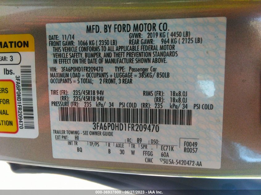 2015 FORD FUSION SE - 3FA6P0HD1FR209470