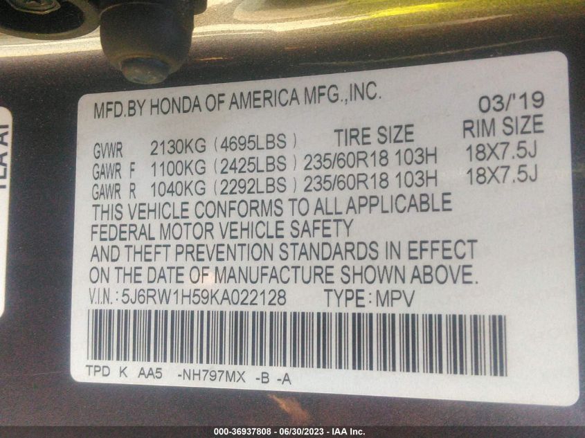 2019 HONDA CR-V EX - 5J6RW1H59KA022128