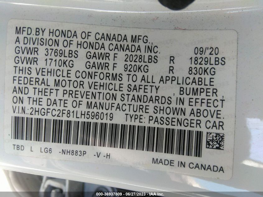 2020 HONDA CIVIC SEDAN SPORT - 2HGFC2F81LH596019