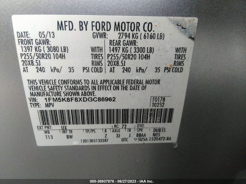 2013 FORD EXPLORER LIMITED - 1FM5K8F8XDGC86962