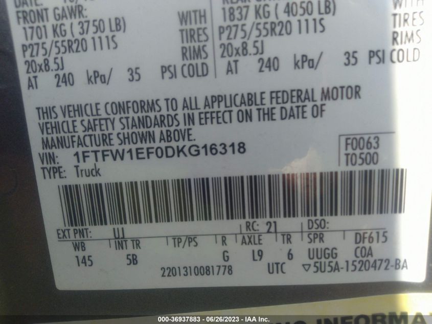 2013 FORD F-150 XL/XLT/FX4/LARIAT - 1FTFW1EF0DKG16318