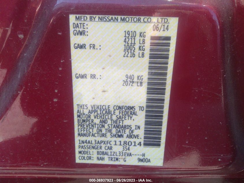 2015 NISSAN ALTIMA 2.5/S/SV/SL - 1N4AL3APXFC118014