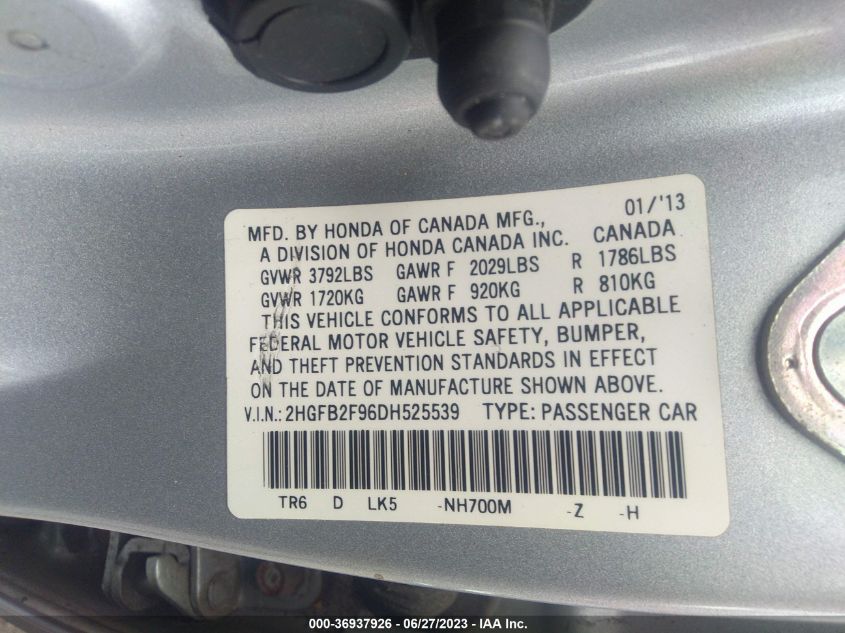 2013 HONDA CIVIC SDN EX-L - 2HGFB2F96DH525539