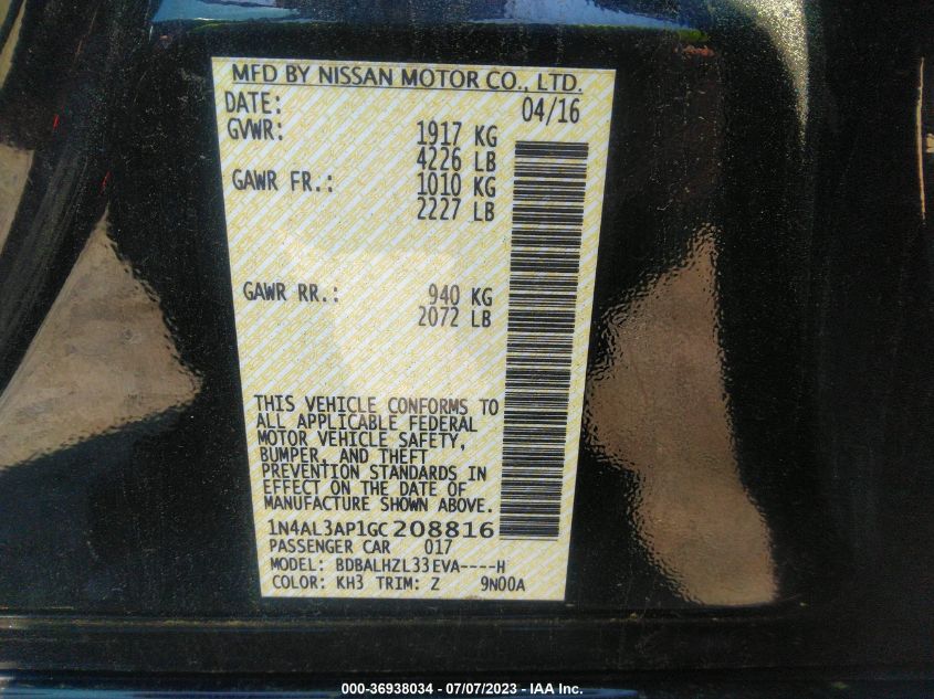 2016 NISSAN ALTIMA 2.5 SR - 1N4AL3AP1GC208816