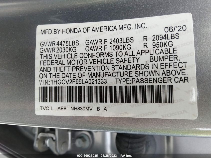 2020 HONDA ACCORD SEDAN TOURING - 1HGCV2F99LA021333