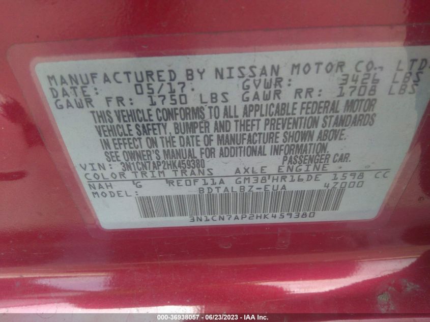 2017 NISSAN VERSA SEDAN SV - 3N1CN7AP2HK459380