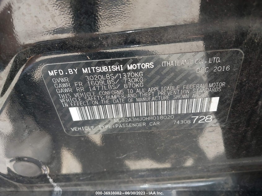 VIN ML32A3HJ0HH018020 2017 MITSUBISHI MIRAGE ES