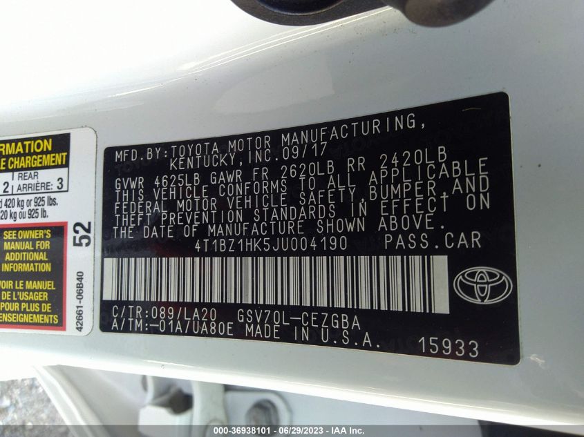 2018 TOYOTA CAMRY V6 - 4T1BZ1HK5JU004190