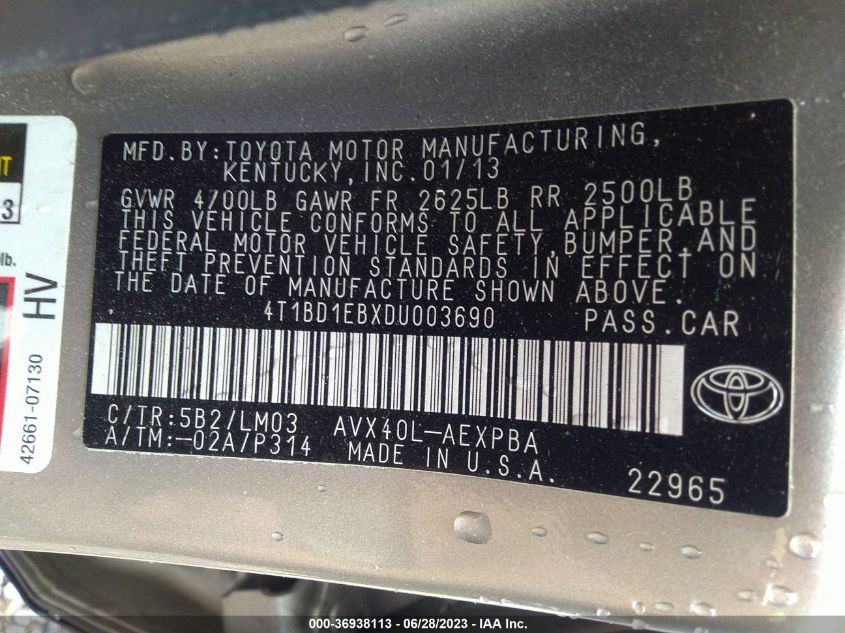 2013 TOYOTA AVALON HYBRID XLE PREMIUM 4T1BD1EBXDU003690