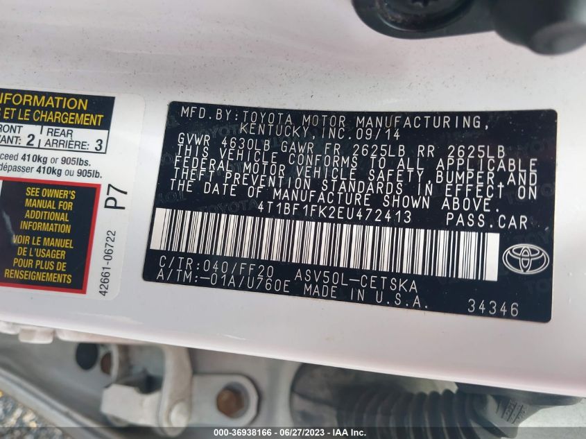 2014 TOYOTA CAMRY L/LE/XLE/SE/SE SPORT - 4T1BF1FK2EU472413