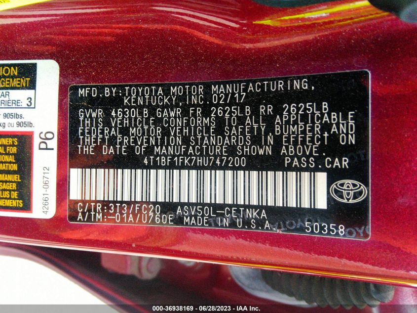 2017 TOYOTA CAMRY LE/XLE/SE/XSE - 4T1BF1FK7HU747200