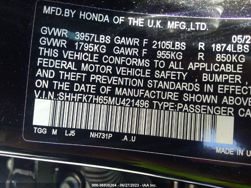 2021 HONDA CIVIC HATCHBACK EX - SHHFK7H65MU421496