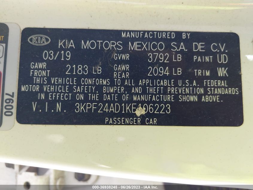 2019 KIA FORTE FE - 3KPF24AD1KE106223