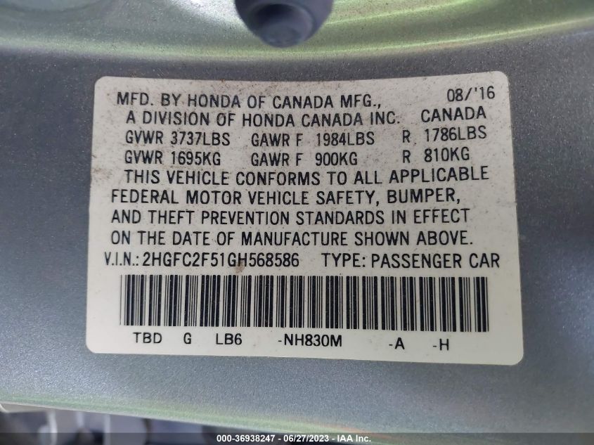 2016 HONDA CIVIC SEDAN LX - 2HGFC2F51GH568586